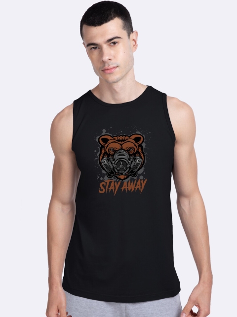 

Bewakoof Men Black & Brown Stay Away Bear Printed Cotton Innerwear Gym Vest