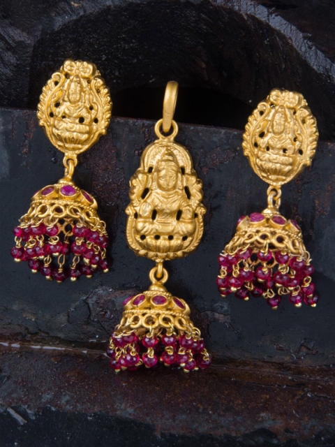 

Alankruthi Gold & Red Lakshmi Pendant with Earrings