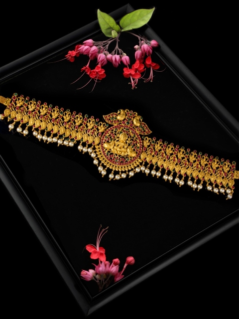 

Alankruthi Women Gold-Plated Pink & Green Stone-Studded & Beaded Kamarband