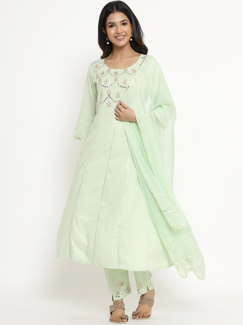 

UNISETS Women Lime Green Floral Yoke Design Panelled Gotta Patti Kurta with Palazzos & With Dupatta
