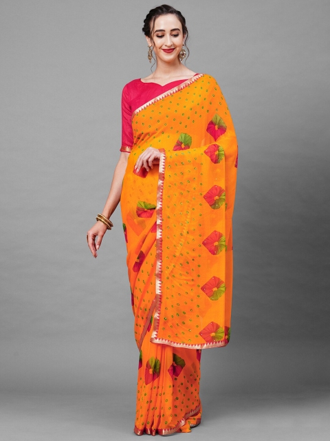 

Mitera Yellow & Red Printed Zari Saree