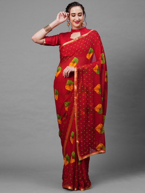 

Mitera Red & Green Printed Zari Saree