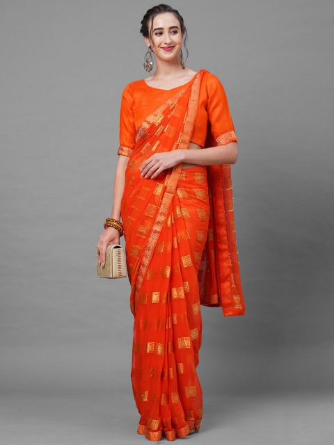 

Mitera Orange & Gold-Toned Floral Sequinned Saree