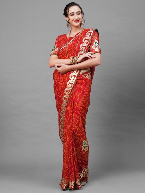 

Mitera Red & Orange Bandhani Gotta Patti Bandhani Saree