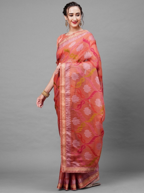 

Mitera Peach-Coloured & Pink Floral Zari Brasso Saree