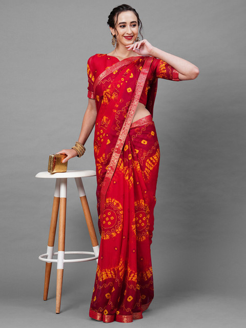 

Mitera Red & Yellow Bandhani Zari Saree