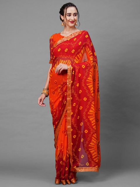 

Mitera Orange & Red Bandhani Saree