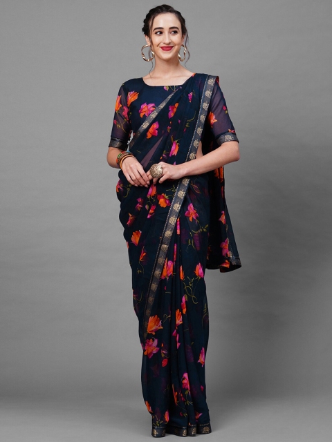 

Mitera Navy Blue & Red Floral Saree