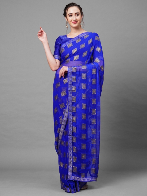 

Mitera Blue & Gold-Toned Woven Design Saree