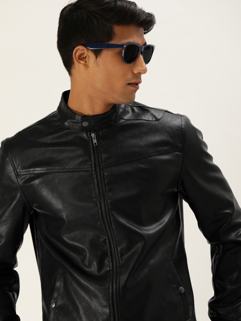 

SINGLE Men Black Solid Slim Fit Biker Jacket