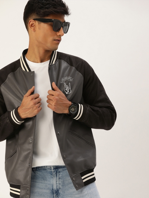 

SINGLE Men Charcoal Grey Solid Varsity Jacket