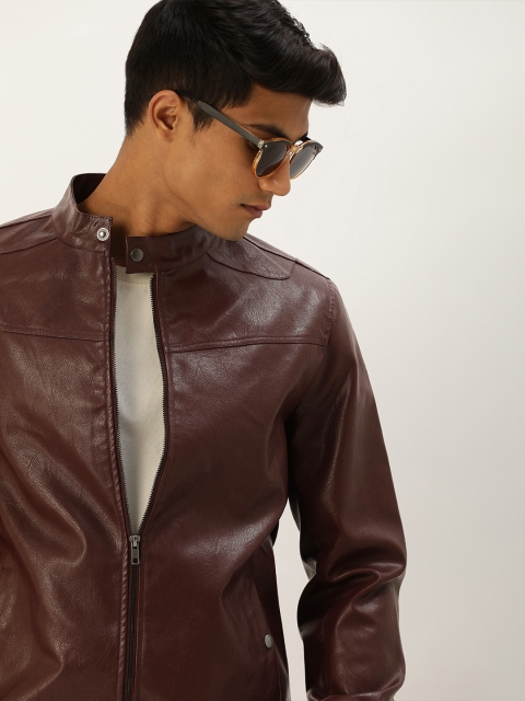 

SINGLE Men Burgundy PU Bomber Jacket