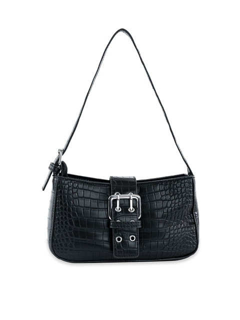 

NUFA Black Textured PU Structured Shoulder Bag with Buckle Detail