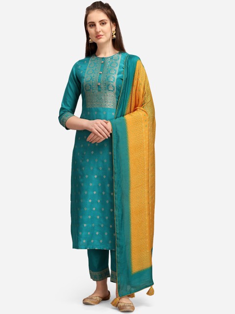 

Seerat Women Sea Green & Gold Woven Design Regular Pure Silk Kurta with Trousers