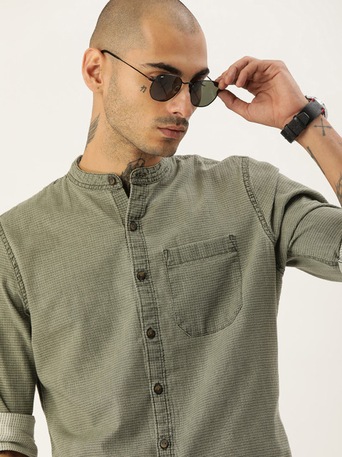

SINGLE Men Olive Green Slim Fit Pure Cotton Casual Shirt