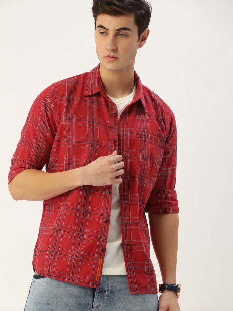 

SINGLE Men Red Slim Fit Tartan Checked Pure Cotton Casual Shirt