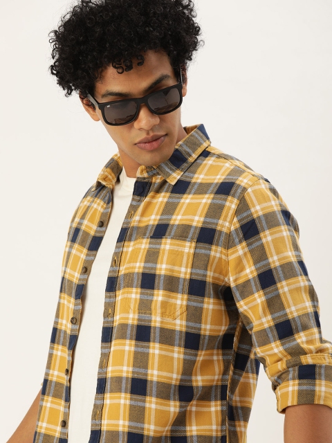 

SINGLE Men Rust And Navy-Blue Slim Fit Tartan Checked Cotton Casual Shirt