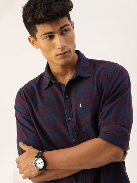 

SINGLE Men Navy Blue & Purple Slim Fit Opaque Checked Casual Shirt