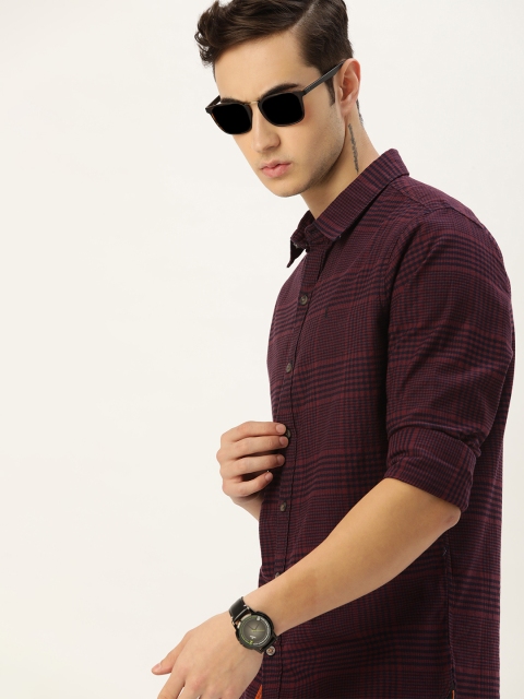 

SINGLE Men Maroon & Navy Blue Checked Slim Fit Pure Cotton Casual Shirt