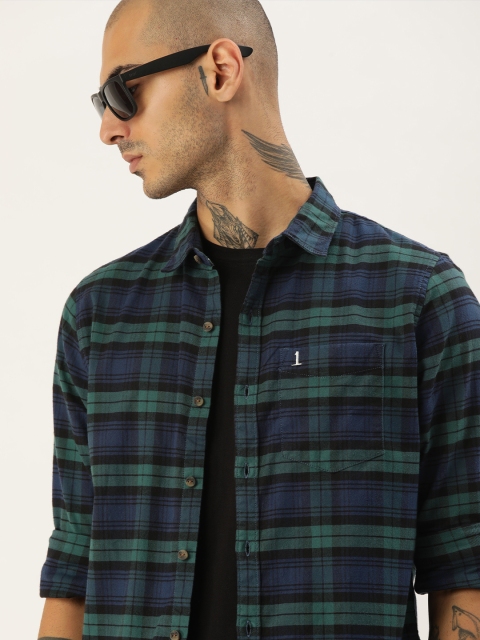 

SINGLE Men Teal Green And Blue Slim Fit Tartan Checked Casual Shirt