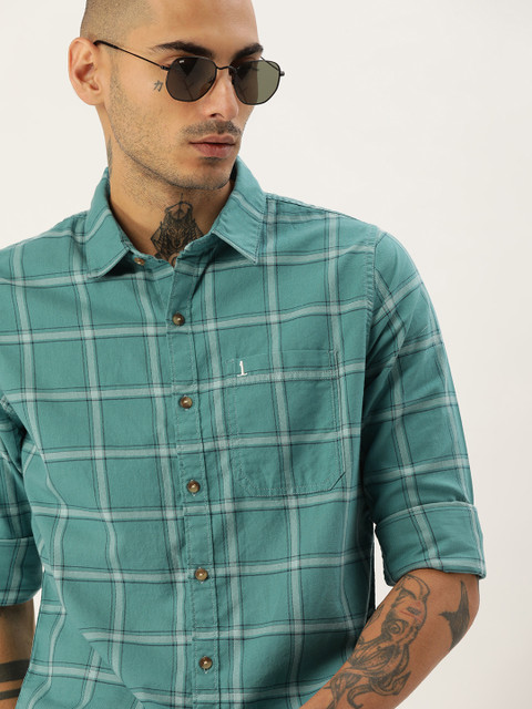 

SINGLE Men & Black Blue Slim Fit Opaque Checked Casual Shirt