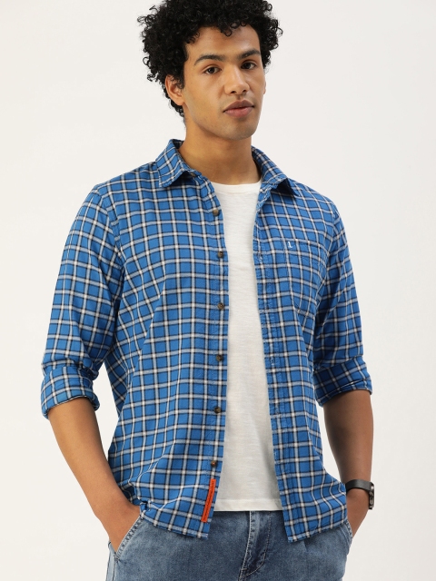 

SINGLE Men Blue & White Slim Fit Opaque Checked Casual Shirt