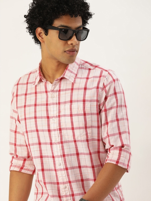 

SINGLE Men White & Red Slim Fit Opaque Checked Casual Shirt