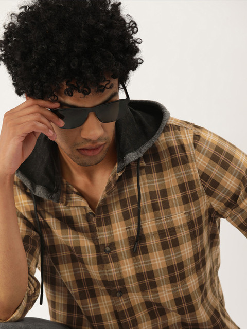 

SINGLE Men Brown & Beige Checked Slim Fit Pure Cotton Hooded Casual Shirt