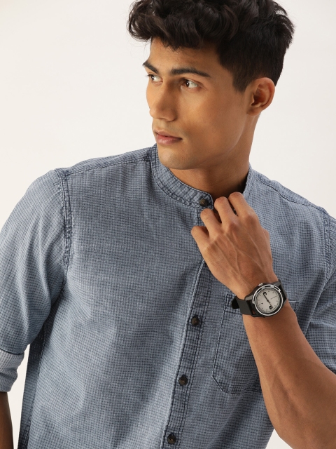 

SINGLE Men Blue Self Checked Slim Fit Opaque Casual Shirt
