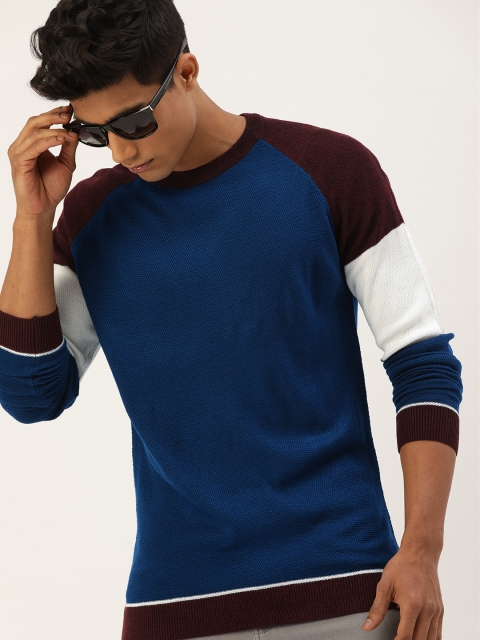 

SINGLE Men Teal Blue Slim Fit Colourblocked Pullover