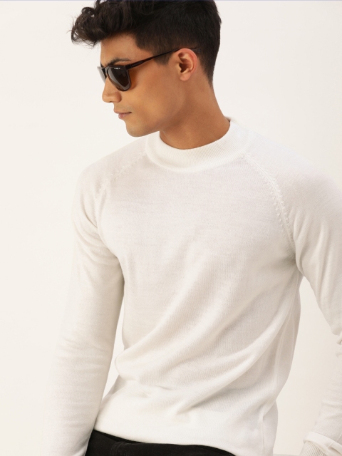 

SINGLE Men White Solid Round Neck Pullover Sweater