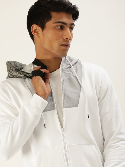 

SINGLE Men White & Grey Colourblocked Slim Fit Hooded Sweatshirt