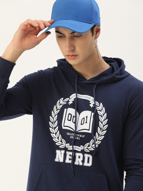 

SINGLE Men Navy Blue Printed Hooded Sweatshirt
