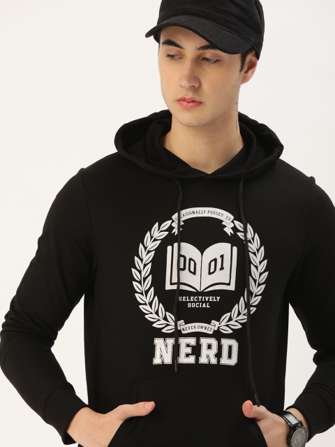 

SINGLE Men Black Printed Hooded Sweatshirt