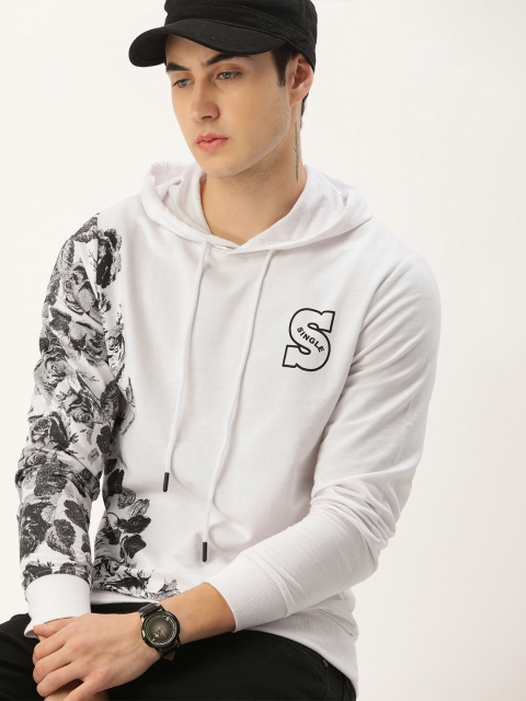 

SINGLE Men White Printed Hooded Sweatshirt