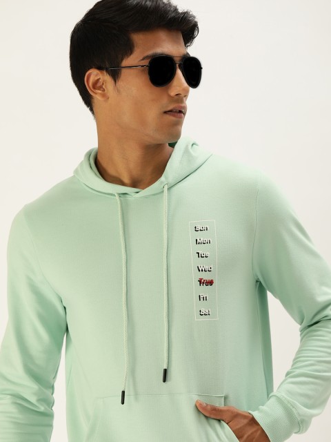 

SINGLE Men Sea Green Printed Hooded Sweatshirt