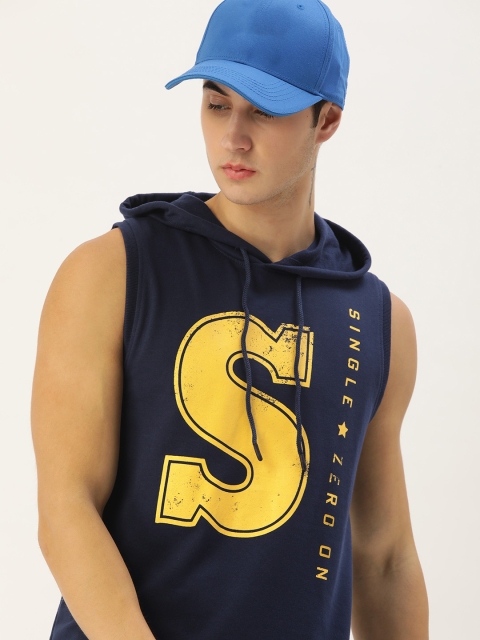 

SINGLE Men Navy Blue Brand Logo Printed Hooded Sweatshirt