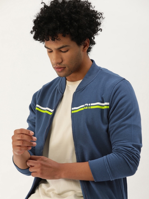 

SINGLE Men Navy Blue Slim Fit Striped Front-Open Sweatshirt
