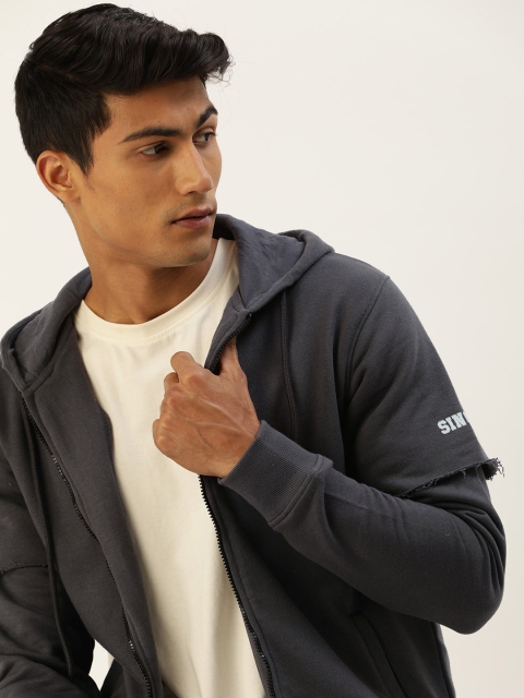 

SINGLE Men Charcoal Grey Slim Fit Hooded Doctor Sleeves Sweatshirt
