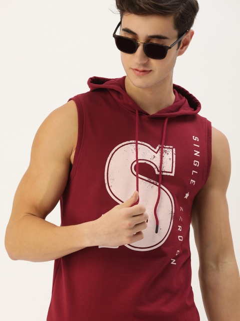 

SINGLE Men Maroon Printed Hooded Sweatshirt