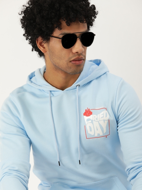 

SINGLE Men Blue Printed Hooded Pullover Sweatshirt