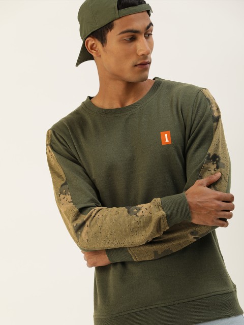 

SINGLE Men Olive Green & Black Camouflage Printed Slim Fit Sweatshirt
