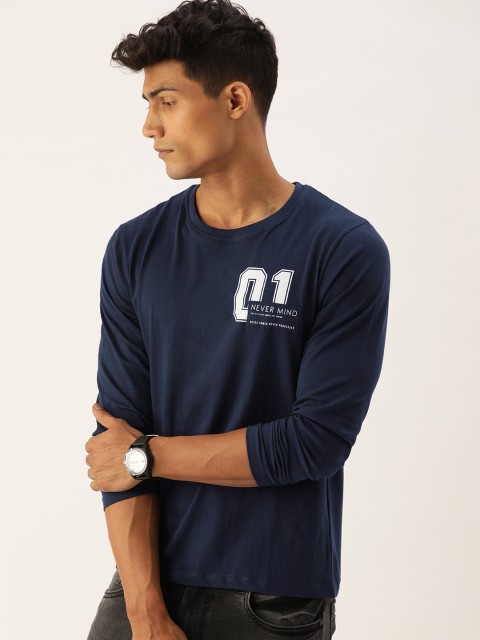 

SINGLE Men Navy Blue Typography Printed Slim Fit Pure Cotton T-shirt