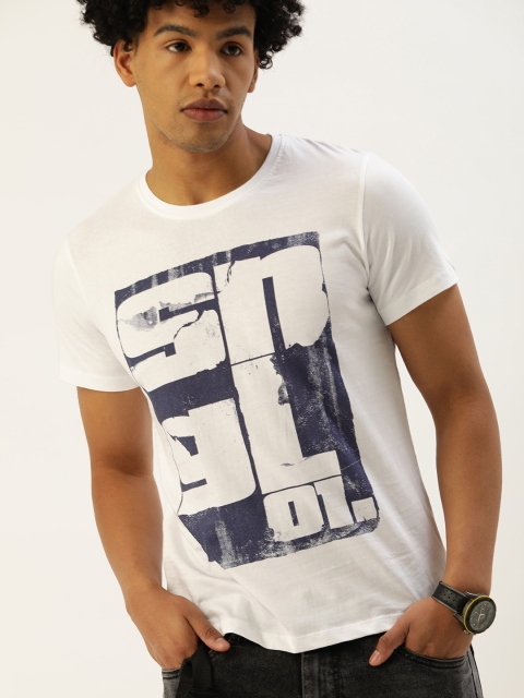 

SINGLE Men White Brand Logo Printed Slim Fit Pure Cotton T-shirt