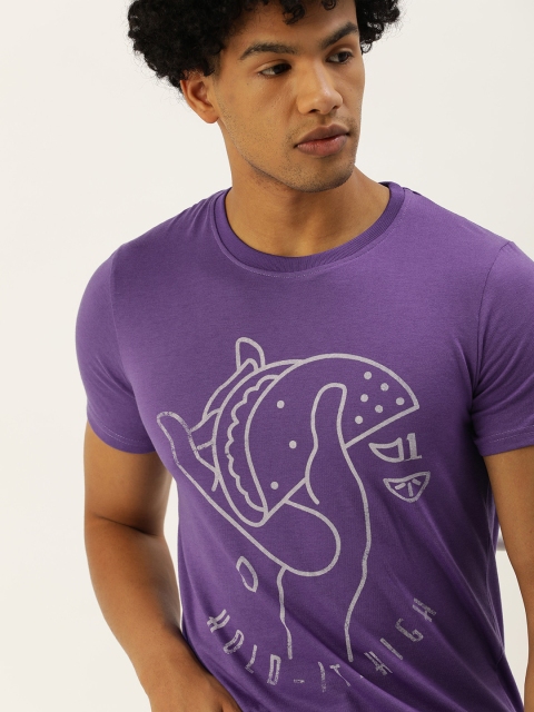 

SINGLE Men Purple Typography Printed Slim Fit Round Neck T-shirt