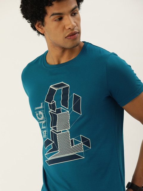 

SINGLE Men Blue Graphic Printed Round-Neck Slim Fit Casual T-shirt