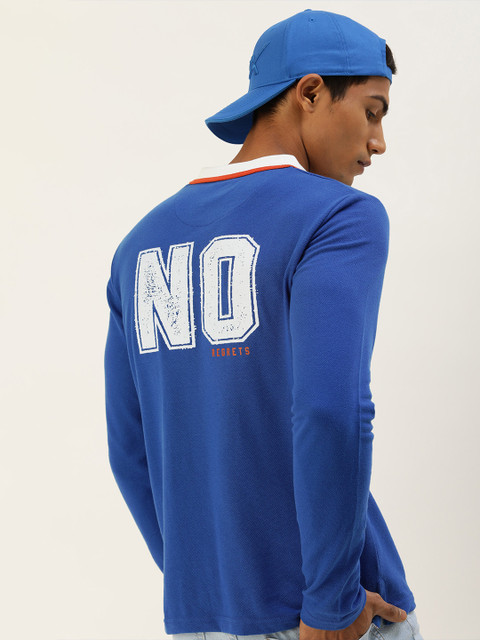 

SINGLE Men Blue Typography Printed Polo Collar Applique T-shirt