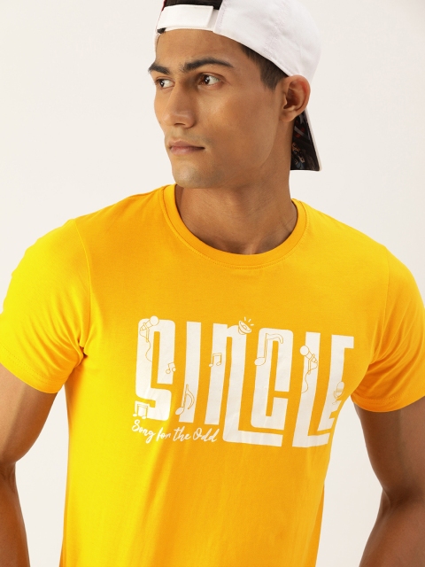 

SINGLE Men Yellow Typography Printed Slim Fit Pure Cotton T-shirt
