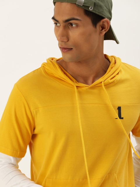 

SINGLE Men Yellow Solid Hooded Pure Cotton T-shirt with Pocket