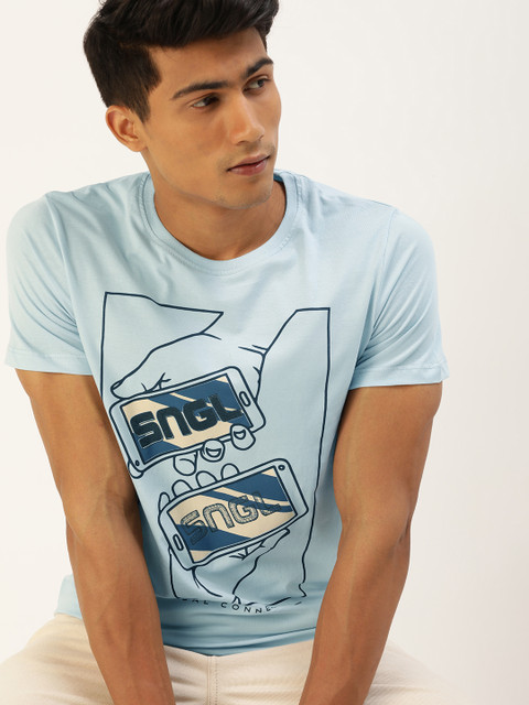 

SINGLE Men Blue Graphic Print Slim Fit T-shirt